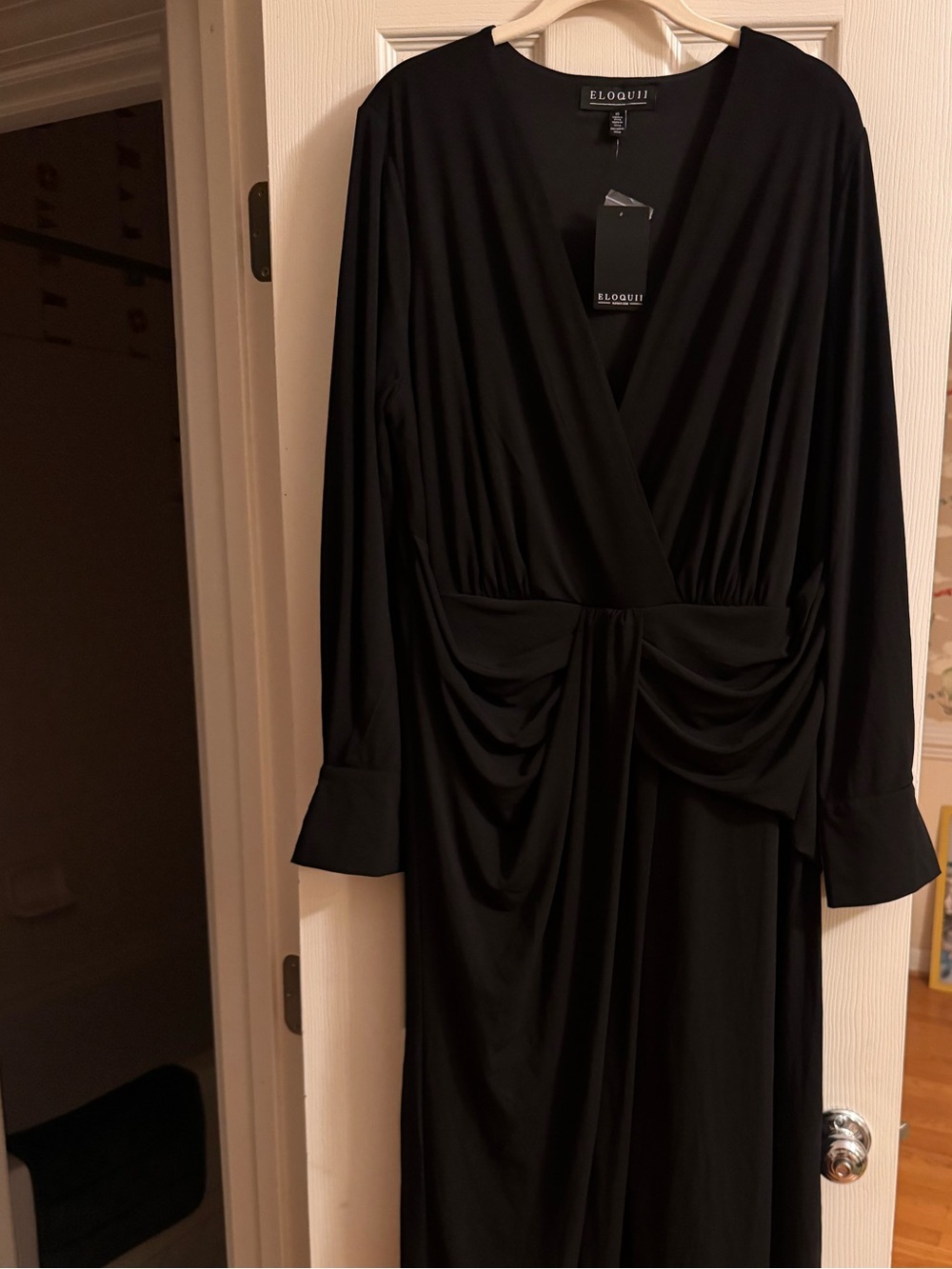 Eloquii Black Long Sleeve Faux-Wrap Midi Dress